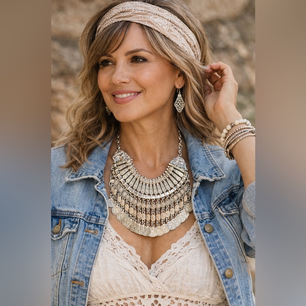 Boho Coin Fringe Statement 
Necklace vintage. Tribal Silver Tone
Bib Necklace